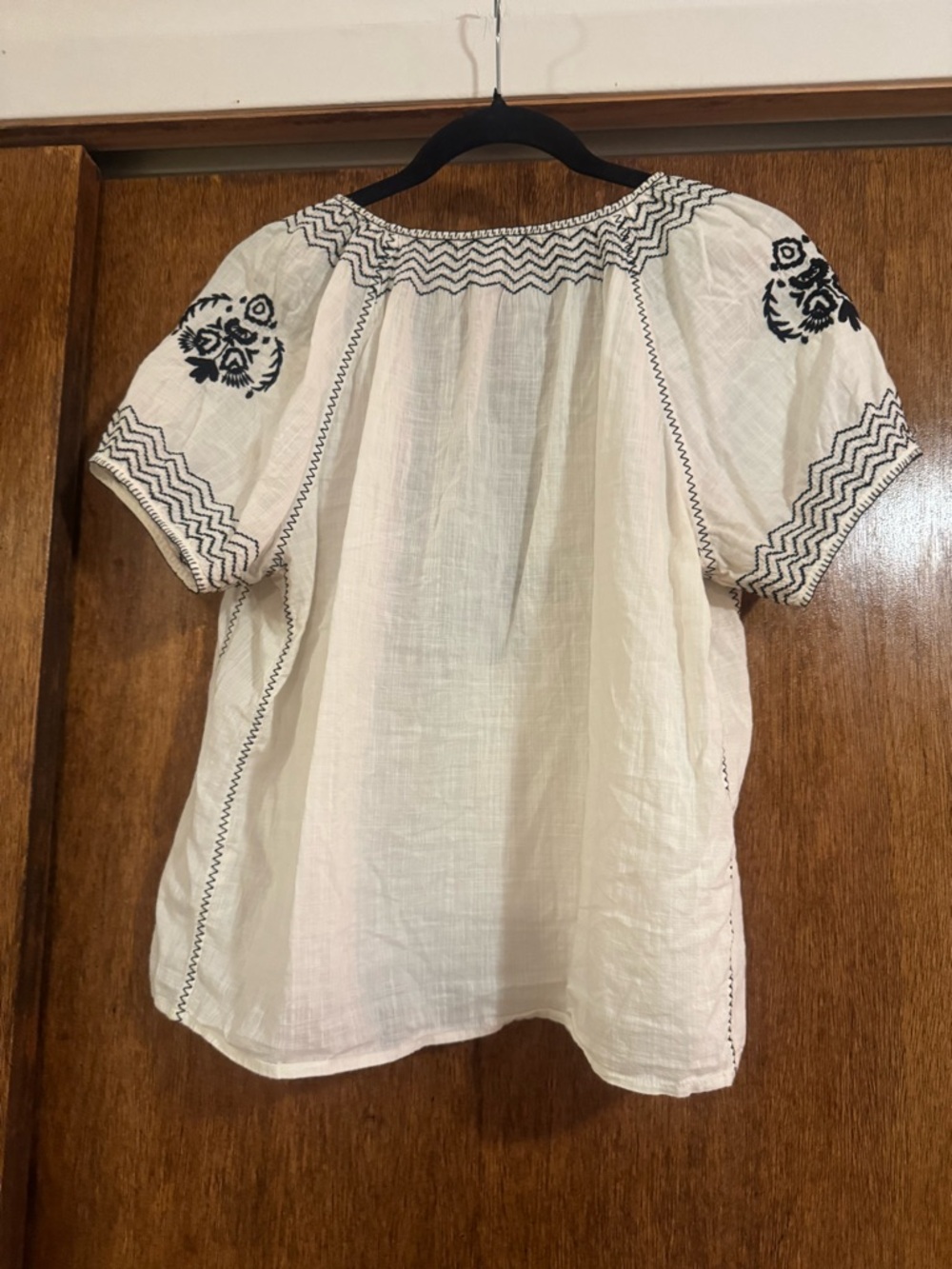 J. Crew White Peasant Blouse with Black Embroidery - Picture 3 of 3